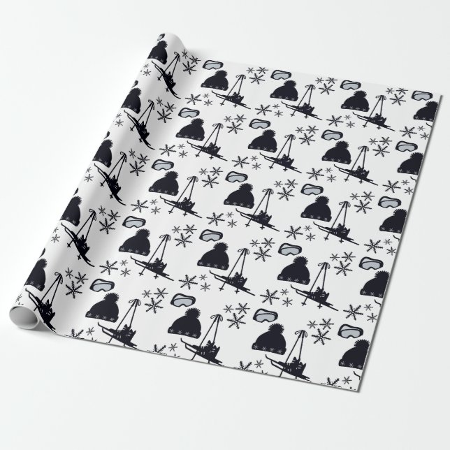 Papel De Presente Diversão, mínima, designs de esqui em fundo branco (Desenrolado)