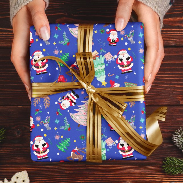 Papel De Presente Diversão Natal Ditzy Papais noeis Azul Fundo (Criador carregado)