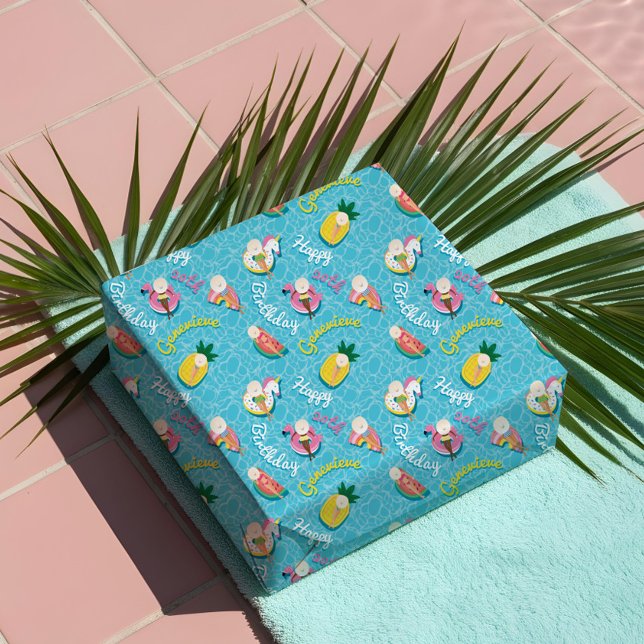 Papel De Presente Diversão Personalizada de Piscina de Verão Inundáv (Fun Personalized Summer Pool Floats Birthday Party Wrapping Paper)
