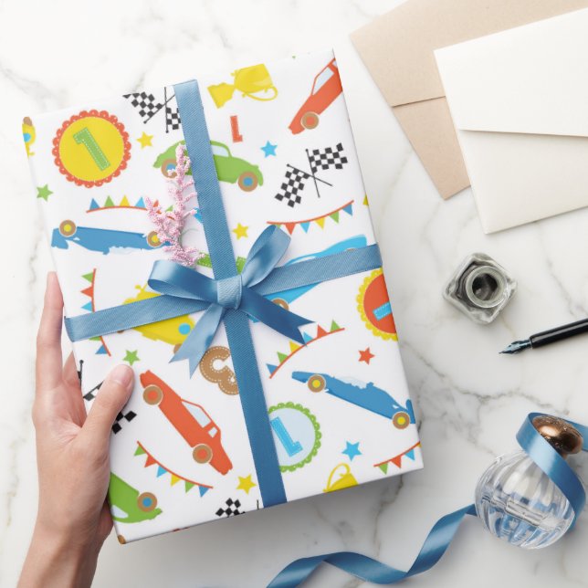 Papel De Presente Diversão Race, padrão de carros, festa de meninos  (Presentear)