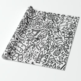 PAPEL DE PRESENTE DIVERTIDO EM NEGRO E BRANCO, DOODLE DE NATAL DE AR