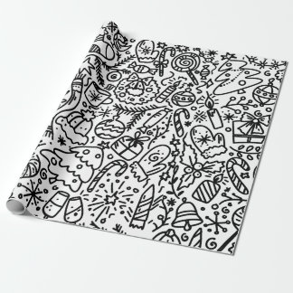 PAPEL DE PRESENTE DIVERTIDO EM NEGRO E BRANCO, DOODLE DE NATAL DE AR
