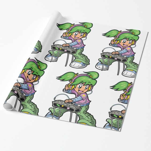 Papel De Presente DJ Girl com cabelo e Fones de ouvido verdes (Desenrolado)