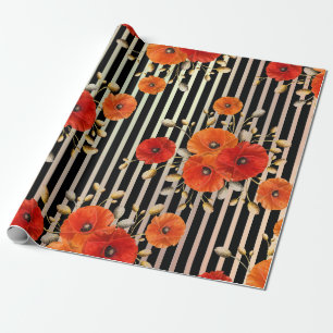 Papel De Presente Do preto vermelho da flor da papoila listras Glam