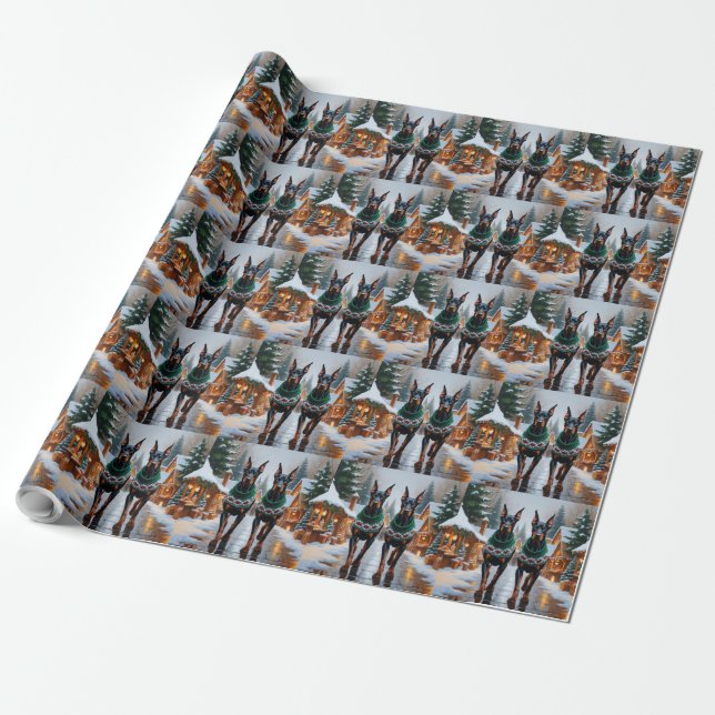 Papel De Presente Doberman Dogs Christmas Snow Holiday  (Desenrolado)
