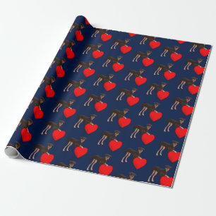 Papel De Presente Doberman Pinscher com Padrão Coração Corado