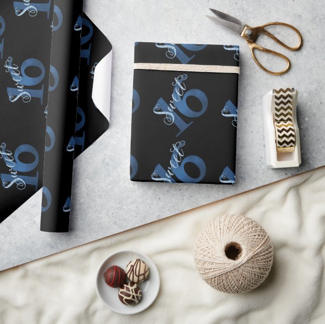 Papel De Presente Doce 16 | Blue Watercolor e Faux Glitter Party (Artesanato)