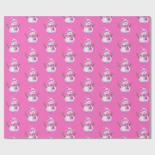 Papel De Presente Doce Homem de Neve Rosa Branco Natal