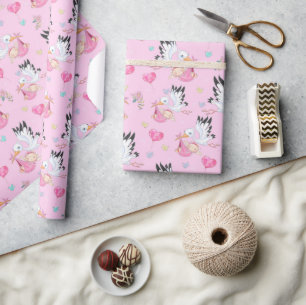 Papel De Presente Doce Nova Menina e Cegonha