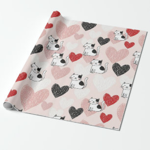 Papel De Presente Doce Padrão de Gatos Kawaii Cor-de-Rosa & Corações