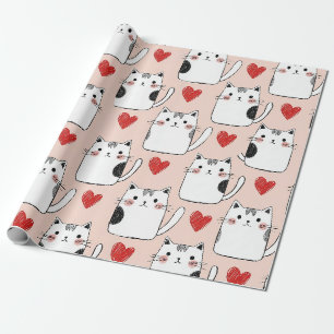 Papel De Presente Doce Padrão de Gatos Kawaii Rosa e Corações (5)