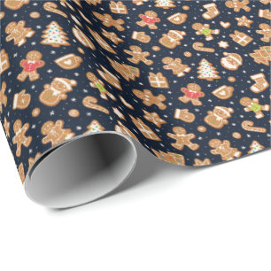 Papel De Presente Doce Pão de Mel Natalino Azul Marinho Festivo