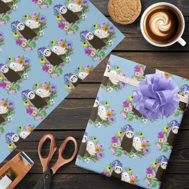 Papel De Presente Doce Par de Furões Florais Azuis Caprichosos  (Criador carregado)