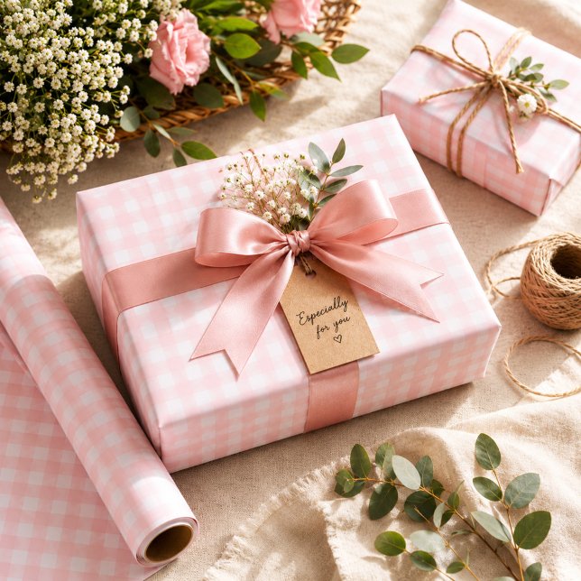Papel De Presente Doce Rosa Suave Xadrez de Aniversário (Criador carregado)