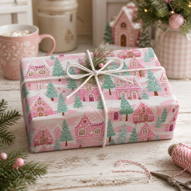 Papel De Presente Doce Vila de Pão de Mel Rosa Pastel Natal (Criador carregado)