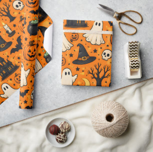 Papel De Presente Doces Fantasmas e Abóboras de Halloween Retrô