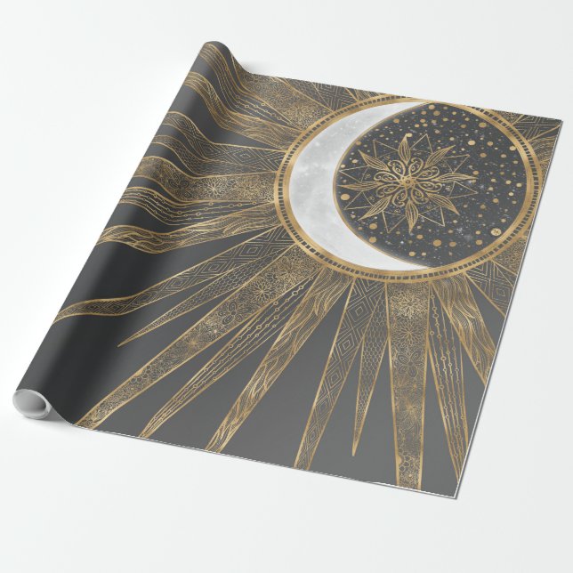 Papel De Presente Dodles Dourados Elegantes Sun Moon Mandala Design (Desenrolado)