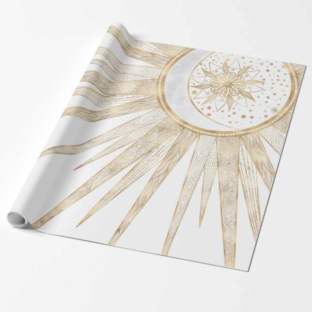 Papel De Presente Dodles Dourados Elegantes Sun Moon Mandala Design (Desenrolado)
