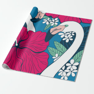 Papel De Presente Dois flamingos entre o hibisco e as flores da plum