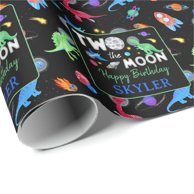 Papel De Presente Dois Para a Lua Dinossauro Astronauta 2º Aniversár (Ponta do rolo)