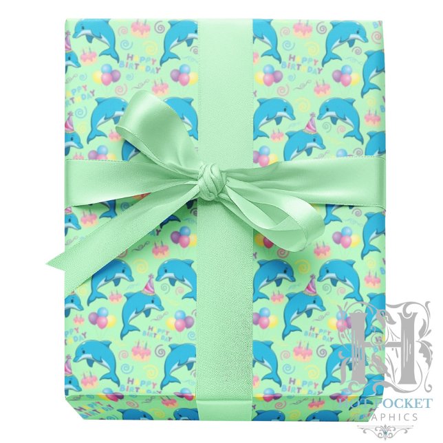 Papel De Presente Dolphin Birthday Gift Wrapping Paper in Green (Criador carregado)