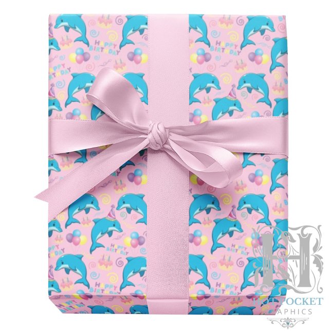 Papel De Presente Dolphin Birthday Gift Wrapping Paper in Pink (Criador carregado)