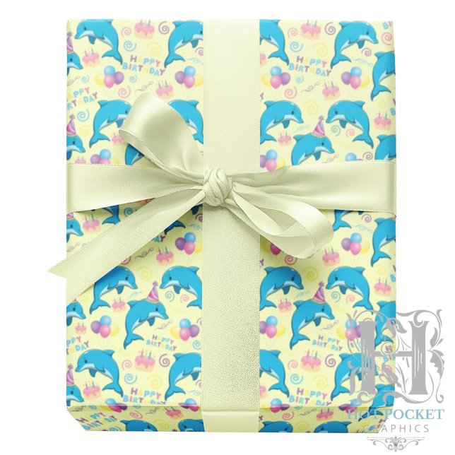 Papel De Presente Dolphin Birthday Gift Wrapping Paper in Yellow (Criador carregado)