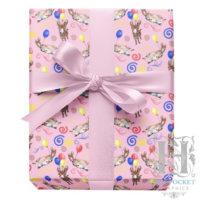 Papel De Presente Donkey Birthday Wrapping Paper in Pink (Criador carregado)