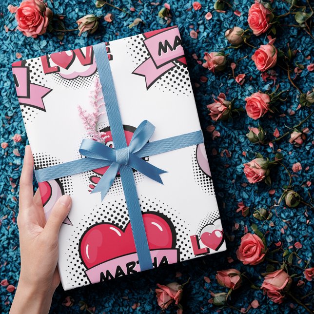 Papel De Presente Dons cardíacos do estilo quadrinhos de nome person (Criador carregado)