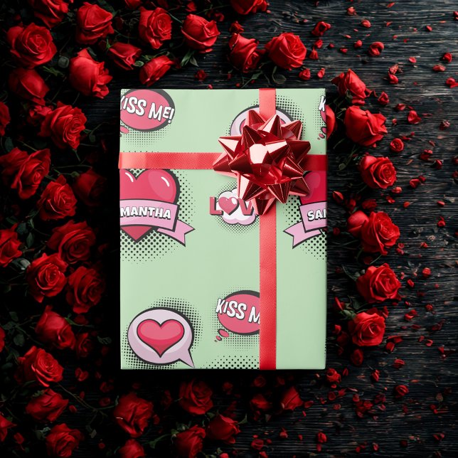 Papel De Presente Dons cardíacos verdes e vermelhos com estilo de qu (Criador carregado)