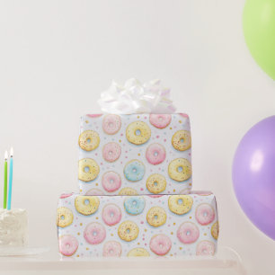 Papel De Presente Donuts Azuis Rosas Amarelos Aniversário