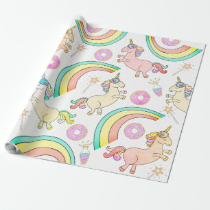 Papel De Presente Donuts com glacê rosa, unicórnios, varinhas mágica