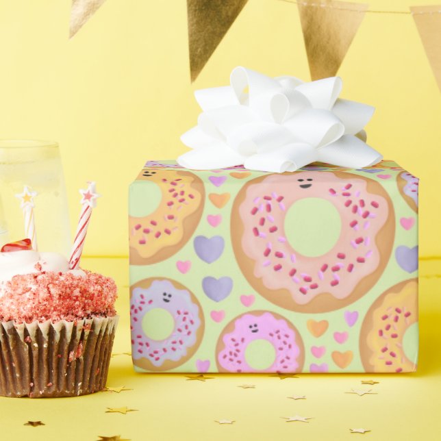 Papel De Presente Donuts & Corações Pastéis Fofos (Festa de aniversário)