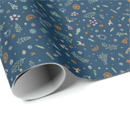Papel De Presente Doodle de Natal Retro em Azul Índigo Profundo