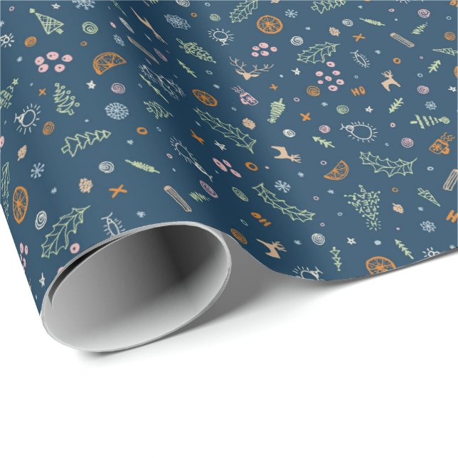 Papel De Presente Doodle de Natal Retro em Azul Índigo Profundo (Ponta do rolo)