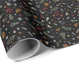 Papel De Presente Doodle de Natal Retro em Preto Puro