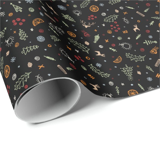 Papel De Presente Doodle de Natal Retro em Preto Puro (Ponta do rolo)