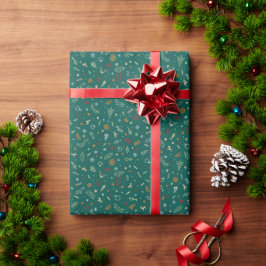Papel De Presente Doodle Natalino Retro em Verde Esmeralda