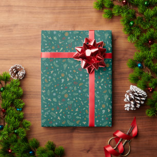 Papel De Presente Doodle Natalino Retro em Verde Esmeralda