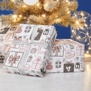 Papel De Presente Doodle Whimsical Oferece Bonito De Natal Rosa