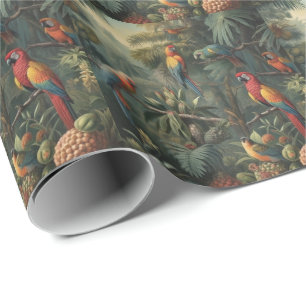 Papel De Presente Dossel Dourado Arara-vermelha e Abacaxi