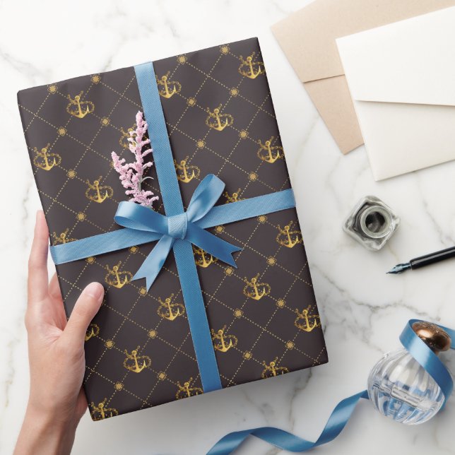 Papel De Presente Dourada Âncora (Presentear)