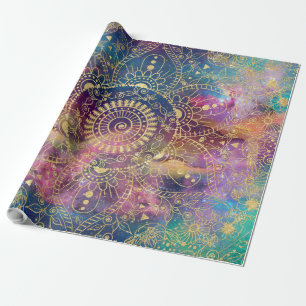 Papel De Presente Dourada aquarela e nebula mandala