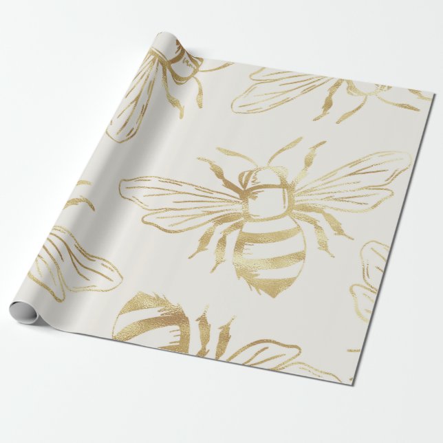 Papel De Presente Dourada Bee Design, em Cream Background. (Desenrolado)