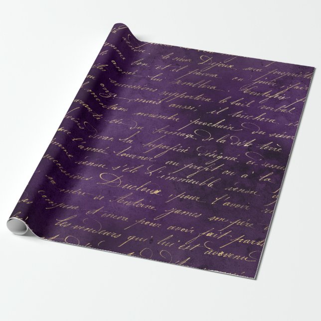 Papel De Presente Dourada Cursiva em Profundo Roxo (Desenrolado)
