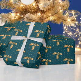 Papel De Presente Dourada e Teal Blue Christmas Holly