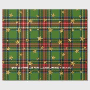 Papel De Presente Dourada Estrela Verde Tartan Natal Personalizado