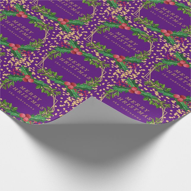 Papel De Presente Dourada família roxa Feliz Natal Holly Glitter (Ponta)