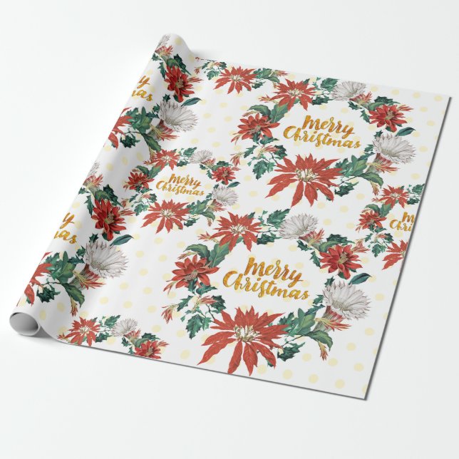 Papel De Presente Dourada Freguiça de Natal Feliz com Poinsettia (Desenrolado)
