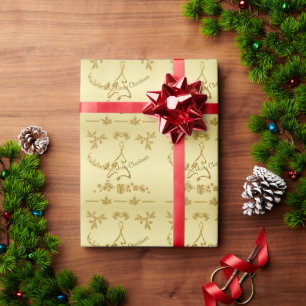 Papel De Presente Dourada Glitter Feliz Natal, Papai Noel em ouro